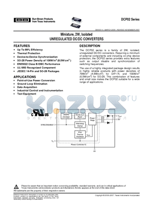 DCP020505P datasheet - Miniature, 2W, Isolated UNREGULATED DC/DC CONVERTERS