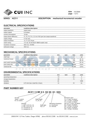 ACZ11BR1E-15KQ-A1-15 datasheet - mechanical incremental encoder