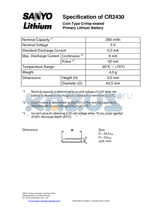 CR2430 datasheet - Coin Type Crimp-sealed Primary Lithium Battery