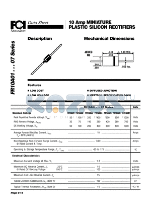 FR10A01 datasheet - 10 Amp MINIATURE PLASTIC SILICON RECTIFIERS