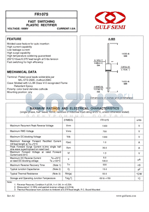 FR107S datasheet - FAST SWITCHING PLASTIC RECTIFIER VOLTAGE: 1000V CURRENT:1.0A