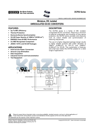 DCP021212U/1K datasheet - Miniature, 2W, Isolated UNREGULATED DC/DC CONVERTERS