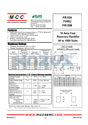 FR10M datasheet - 10 Amp Fast Recovery Rectifier 50 to 1000 Volts