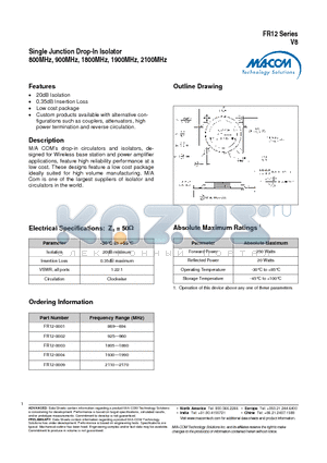 FR12 datasheet - Single Junction Drop-In Isolator 800MHz, 900MHz, 1800MHz, 1900MHz, 2100MHz
