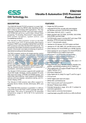 ES6218SAF datasheet - Vibratto-S Automotive DVD Processor Product Brief