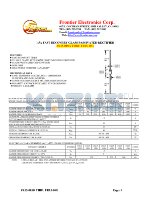 FR15-10G datasheet - 1.5A FAST RECOVERY GLASS PASSIVATED RECTIFIER