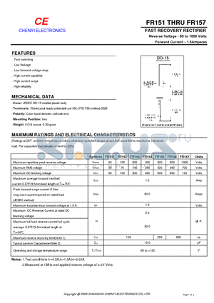 FR151 datasheet - FAST RECOVERY RECTIFIER