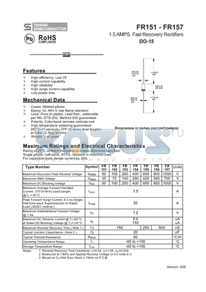 FR151 datasheet - 1.5 AMPS. Fast Recovery Rectifiers