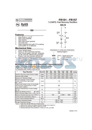 FR151 datasheet - 1.5 AMPS. Fast Recovery Rectifiers