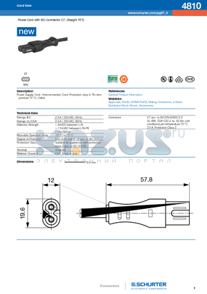 4810 datasheet - Power Cord with IEC Connector C7, Straight 70`C
