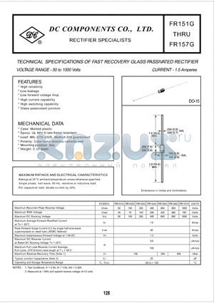 FR151G datasheet - TECHNICAL SPECIFICATIONS OF FAST RECOVERY GLASS PASSIVATED RECTIFIER