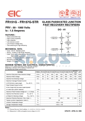 FR151G datasheet - GLASS PASSIVATED JUNCTION FAST RECOVERY RECTIFIERS