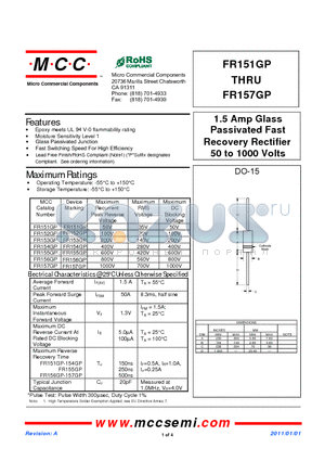 FR151GP datasheet - 1.5 Amp Glass Passivated Fast Recovery Rectifier 50 to 1000 Volts