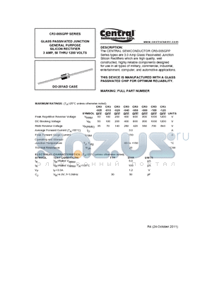 CR3-005 datasheet - GLASS PASSIVATED JUNCTION GENERAL PURPOSE SILICON RECTIFIER 3 AMP, 50 THRU 1200 VOLTS