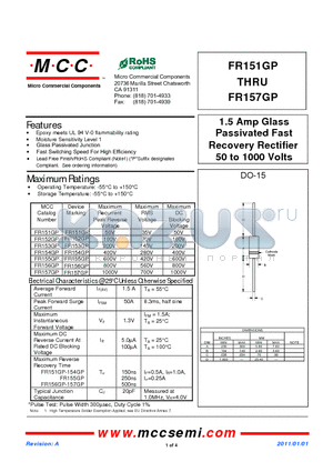 FR152GP datasheet - 1.5 Amp Glass Passivated Fast Recovery Rectifier 50 to 1000 Volts