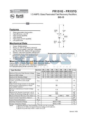FR154G datasheet - 1.5 AMPS. Glass Passivated Fast Recovery Rectifiers
