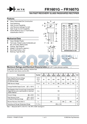 FR1601G datasheet - 16A FAST RECOVERY GLASS PASSIVATED RECTIFIER