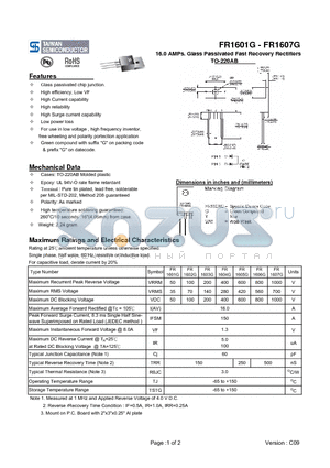 FR1602G datasheet - 16.0 AMPs. Glass Passivated Fast Recovery Rectifiers