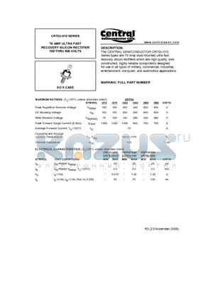 CR70U-010 datasheet - 70 AMP ULTRA FAST RECOVERY SILICON RECTIFIER 100 THRU 800 VOLTS