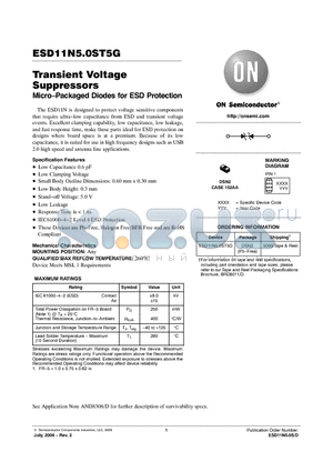 ESD11N5.0ST5G datasheet - Transient Voltage Suppressors Micro−Packaged Diodes for ESD Protection