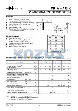 FR1D-T3 datasheet - 1.0A SURFACE MOUNT FAST RECOVERY RECTIFIER