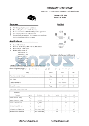 ESD5Z05T1 datasheet - Single Line TVS Diode For ESD Protection Portable Electronics