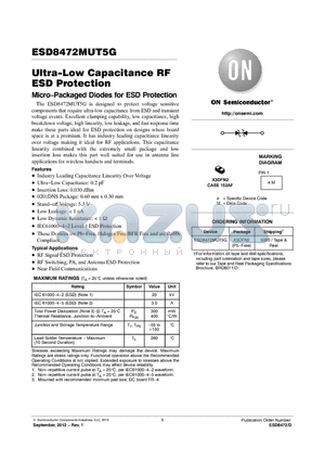 ESD8472MUT5G datasheet - Ultra-Low Capacitance RF ESD Protection Micro.Packaged Diodes for ESD Protection
