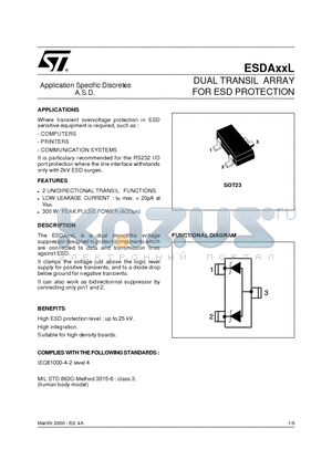 ESDA25L datasheet - DUAL TRANSIL ARRAY FOR ESD PROTECTION