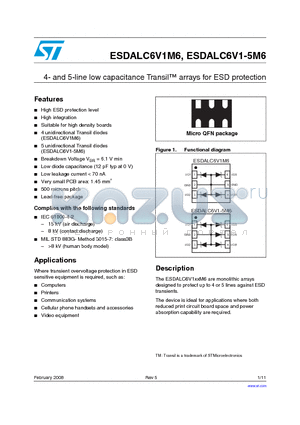 ESDALC6V1-5M6 datasheet - 4- and 5-line low capacitance Transil arrays for ESD protection