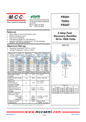 FR202 datasheet - 2 Amp Fast Recovery Rectifier 50 to 1000 Volts