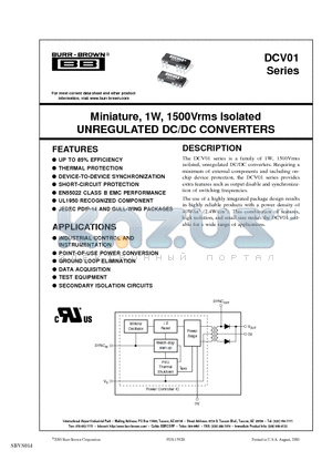 DCV010512D datasheet - Miniature, 1W, 1500Vrms Isolated UNREGULATED DC/DC CONVERTERS