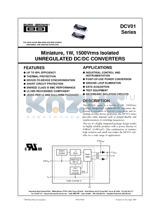 DCV011515DP datasheet - Miniature, 1W, 1500Vrms Isolated UNREGULATED DC/DC CONVERTERS