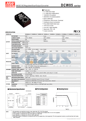 DCW05A-15 datasheet - 5W DC-DC Regulated Dual Output Converter