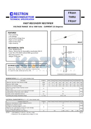 FR204 datasheet - FAST RECOVERY RECTIFIER (VOLTAGE RANGE 50 to 1000 Volts CURRENT 2.0 Amperes)