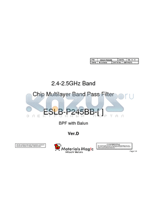 ESLB-P245BB-1 datasheet - 2.4-2.5GHz Band Chip Multilayer Band Pass Filter