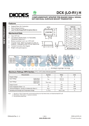 DCX142TH-7 datasheet - COMPLEMENTARY NPN/PNP PRE-BIASED SMALL SIGNAL SOT-563 DUAL SURFACE MOUNT TRANSISTOR
