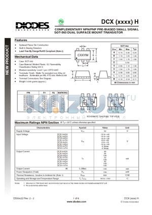 DCX143TH datasheet - COMPLEMENTARY NPN/PNP PRE-BIASED SMALL SIGNAL SOT-563 DUAL SURFACE MOUNT TRANSISTOR