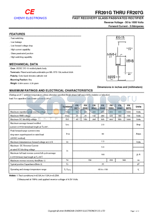 FR205G datasheet - FAST RECOVERY GLASS PASSIVATED RECTIFIER