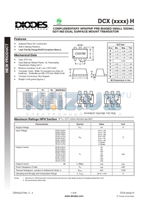 DCX144EH datasheet - COMPLEMENTARY NPN/PNP PRE-BIASED SMALL SIGNAL SOT-563 DUAL SURFACE MOUNT TRANSISTOR