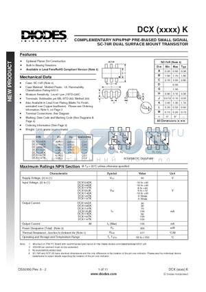 DCX144EK datasheet - COMPLEMENTARY NPN/PNP PRE-BIASED SMALL SIGNAL SC-74R DUAL SURFACE MOUNT TRANSISTOR