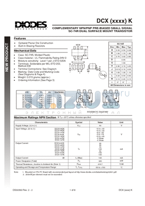 DCX144EK datasheet - COMPLEMENTARY NPN/PNP PRE-BIASED SMALL SIGNAL SC-74R DUAL SURFACE MOUNT TRANSISTOR