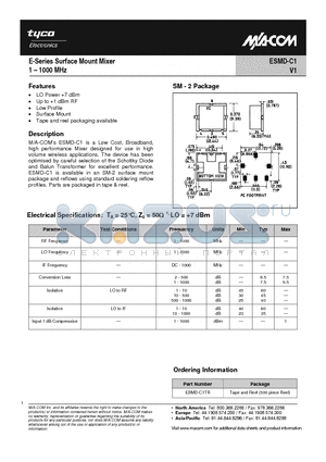 ESMD-C1TR datasheet - E-Series Surface Mount Mixer 1 - 1000 MHz