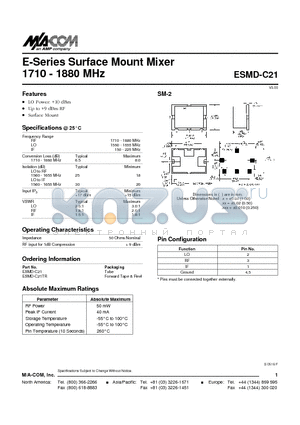 ESMD-C21 datasheet - E-Series Surface Mount Mixer 1710 - 1880 MHz