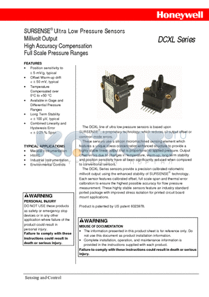 DCXL01GN datasheet - Ultra Low Pressure Sensors Millivolt Output High Accuracy Compensation Full Scale Pressure Ranges