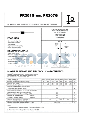 FR207G datasheet - 2.0 AMP GLASS PASSIVATED FAST RECOVERY RECTIFIERS