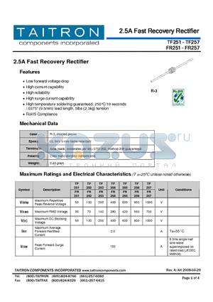 FR253 datasheet - 2.5A Fast Recovery Rectifier