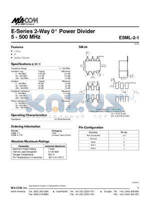 ESML-2-1 datasheet - E-Series 2-Way 0 Power Divider 5 - 500 MHz
