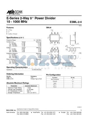 ESML-2-4 datasheet - E-Series 2-Way 0 Power Divider 10 - 1000 MHz