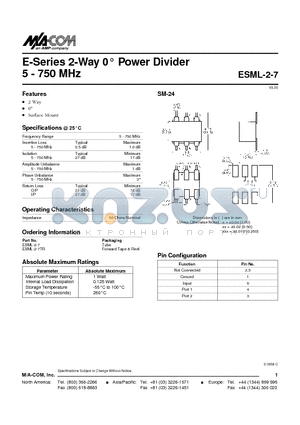 ESML-2-7 datasheet - E-Series 2-Way 0 Power Divider 5 - 750 MHz