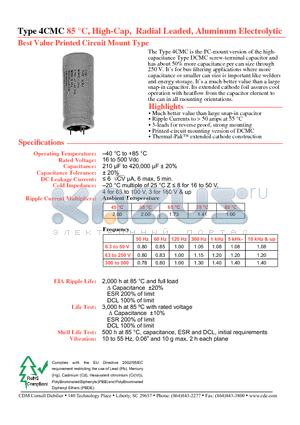4CMC1002M160EC8 datasheet - Type 4CMC 85 `C, High-Cap, Radial Leaded, Aluminum Electrolytic